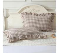 Mywinlle Taupe/White Plaid Ruffle Pillowcases Farmhouse Standard Size Pillow Shams 20"x26",Shabby Checkered Gingham Washed Cotton Pillow Covers Set of 2