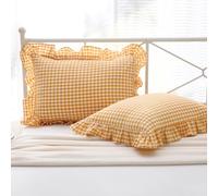Mywinlle Yellow/White Plaid Ruffle Pillow Shams Standard Size Set of 2, Checkered Washed Cotton Mustard Gingham Pillow Covers Vintage Pillowcases 20"x26"