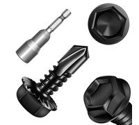 Mywish 25Pcs #14 x 3/4" Serrated Flange Hex Washer Head Sheet Metal Screws, Black Zinc Plated Self Tapping Screws, Tek & Thread Cutting Self-Drilling Screws for Metal, Steel, Iron, Aluminum