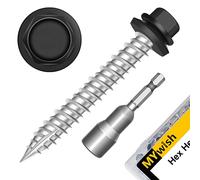 Mywish 50Pcs #10 x 1-1/2 Hex Head Self Tapping Metal Roofing Screws with Rubber Washer, Black Coated Wood Screws, Sheet Metal Roof Screw with Hex Socket Driver Bit
