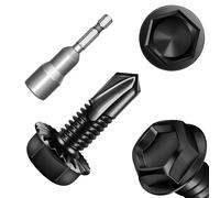 Mywish 50Pcs #12 x 3/4" Serrated Flange Hex Washer Head Sheet Metal Screws, Black Zinc Plated Self Tapping Screws, Tek & Thread Cutting Self-Drilling Screws for Metal, Steel, Iron, Aluminum