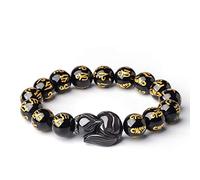 MYXJX beaded bracelets, New 100% Black Obsidian Stone Beaded Bracelet Carved Fox Lucky Buddha Round Beads Strand Bracelets
