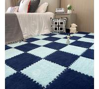 MYXJX carpet tiles, Plush interlocking carpet tiles Foam Puzzle Mat, 10 Square Interlocking Tiles, Fluffy Carpet For Living Room, Bedroom(Navy Blue+light Blue)