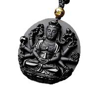 MYXJX obsidian necklace, Natural Obsidian Thousand Hands Guanyin Pendant Men Necklace