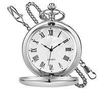 MYXJX Pocket Watch, Classic Smooth Steel with Chain Roman Numerals Men Women Pocket Watches Pendant Fathers Day Birthday Gift(Silver)