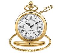 MYXJX Pocket Watch, Classic Smooth Steel with Chain Roman Numerals Men Women Pocket Watches Pendant Fathers Day Birthday Gift(Gold)