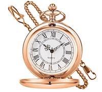 MYXJX Pocket Watch, Classic Smooth Steel with Chain Roman Numerals Men Women Pocket Watches Pendant Fathers Day Birthday Gift(Rose Gold)