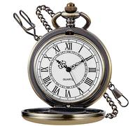 MYXJX Pocket Watch, Classic Smooth Steel with Chain Roman Numerals Men Women Pocket Watches Pendant Fathers Day Birthday Gift(Bronze)