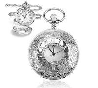 MYXJX Pocket Watch, Roman Numerals Antique Style with Detachable Chain, Vintage-Inspired Steampunk Watch Pendant for Men, Gift for Birthdays Anniversaries Christmas Father's Day(Silver)