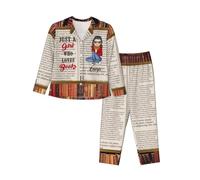 MYZQIFF Just a Girls Who Love Books Pajamas Set for Women Girl, Personalized Book Lover Pajamas Sleepwear, Custom Name Books Reading Lover Long Sleeve Pjs Set Gift for Bookish, Reader, Bookworm