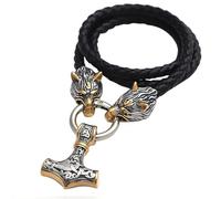 MYZTTZR Thor Hammer Gold,70cm, Viking Necklace Pendant for Men Scandinavian Stainless Steel Leather Woven Thor Hammer Fenrir Amulet Women Jewellery Gift
