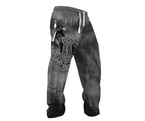 MYZTTZR Viking 3D Men's Trousers Nordic Mythology Tattoo Fenrir Retro Personality Sports Leisure Valhalla Gift,Odin Raven,3XL