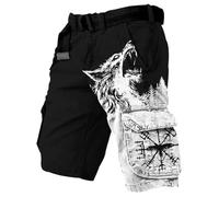 MYZTTZR Viking 3D Printed Shorts Nordic Tattoo Vintage Casual Personalised Men's Sports Beach Pants Medieval Valhalla,Fenrir Wolf,S
