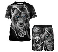 MYZTTZR Viking T-shirt and Beach Shorts Summer Set, 3D Print Quick Dry Ultra-thin Short Sleeve Casual Holiday Shorts Nordic Gift,Odin Lion,5XL