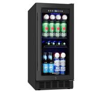 MZAVP 15 Inch Beverage Cooler Refrigerator, 15" Beverage Cooler Under Counter 130 Cans Beverage Fridge with Glass Door, Freestanding or Built-In Mini Drinks Fridge with Lock for Soda, Beer, Black