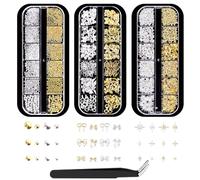 Mzbnfa 3D Nail Charms, 3 Boxes Gold Silver Nail Gems Rhinestones Charms with Tweezers, Assorted Styles Bows Stars Pearls Nail Art Accessories for Women Girls DIY Manicure Decoration