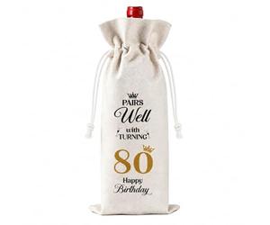 Mzbnfa 80th Birthday Gifts for Men Women, Decorative Wine Gift Bag with Drawstring, Jute Bottle Bag for 80 Year Old Mum Dad Grandma Grandad, Reusable Present Wrap for Milestone Celebration
