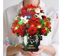 MZD8391 Christmas Cards, Lights & Music Merry Christmas Card, Poinsettia and Santa Claus, 10 inch Life Sized Forever Flower Bouquet, 3D Pop Up Xmas Gifts for Mom Women Wife Daughter