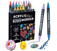 Mzh Art 24 Colors Dual Tip Acrylic Paint Pens Markers, Double Tip Premium Acrylic Markers, Acrylic Markers for Wood, Rock Painting, Glass, Canvas, Stone, DIY Crafts Making Art Supplies