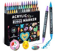 Mzh Art 48 Colors Dual Tip Acrylic Paint Pens Markers, Double Tip Premium Acrylic Markers, Acrylic Markers for Wood, Rock Painting, Glass, Canvas, Stone, DIY Crafts Making Art Supplies
