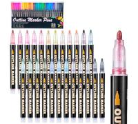Mzh Art Double Line Metallic Markers set of 24 Colors Glitter Pen Paint Permanent Brush Pen Never Fade Quick Dry for Designing Photo Album, Guest Book, Scrapbook, DIY card, Glass, Rock