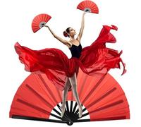 MZinge 2025 New Large-sized Foldable Hand-cranked Fan. Black Hand Fan,Foldable Fan Suitable for Chinese Kung Fu,Tai Chi,Line Dance,Dance,Music Festivals,Parties and Decorations,Red (red)