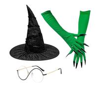 MZinge 3 Pcs Halloween Witch Elphaba Costume Accessories, Black Witchy Hat Elphie Glasses Green Gloves for Women for Cosplay Dress Up