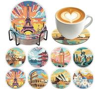 MZinge 8 Pcs Diamond Art Painting Coasters Kits,Halloween Coaster with Holder for Adults, Non-Slip DIY Dot Paint Craft Kits,5D Full Drill DIY Diamond Dot Gem Art Kit Home Decor Arts Craft
