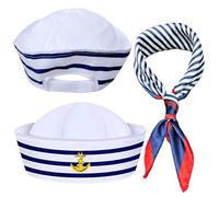 MZinge Adjustable Yacht Captain/Sailor/Ship Boat Cap -Captains Costume Accessories. Blue with White Scarf, ideal for Cosplay, Nautical Parties, Stage Performances & Dressing Up.