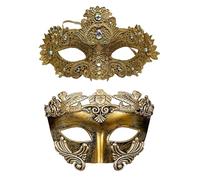 MZinge Couple's Masquerade Masks Set - Luxury Lace & Antique Roman Greek Venetian Style for Prom, Halloween, Mardi Gras Wedding & Costume Party (Gold)
