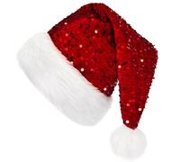 MZinge Sequin Santa hat Christmas Hat Shiny Sequin Xmas Hat Luxury Plush Xmas Hat with a Pompom, Unisex Velvet Father Christmas Hat Costume, Party Hat Cap for Xmas Holiday (red)