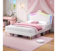 MZP 4ft6 Double Upholstered Bed 135×190cm PU Leather Bed Frame with LED Adjustable Crown Shape Headboard PU Leather Upholstered Bed for Kids Teenagers