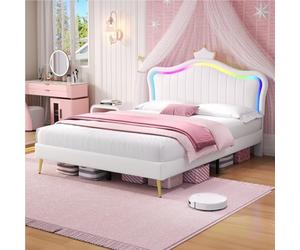 MZP 4ft6 Double Upholstered Bed 135×190cm PU Leather Bed Frame with LED Adjustable Crown Shape Headboard PU Leather Upholstered Bed for Kids Teenagers
