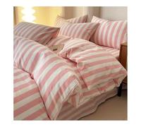 MZP Queen/King Duvet Cover Set 4 Piece, Reversible 100% Washed Cotton Bedding,Striped Bedding Set with 1 Comforter Cover,1 Fitted Sheet,2 Pillowcases(Roze,KING)