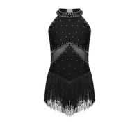 MZPOZB Figure Skating Dress Kids Girls Rhinestones Fringed Leotard Figure Skating Dress Tassel Bodysuit for Gymnastics Cha-Cha Tango Latin Dance Dancewear Skating Skirt(Black,6)