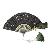 MZPOZB Peacock Feather Lace Folding Fan Black Rod Embroidery Cheongsam Catwalk(Black)