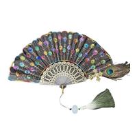 MZPOZB Peacock Feather Lace Folding Fan Black Rod Embroidery Cheongsam Catwalk(Colorful)