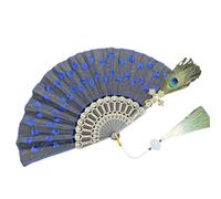 MZPOZB Peacock Feather Lace Folding Fan Black Rod Embroidery Cheongsam Catwalk(Deep Blue)