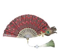 MZPOZB Peacock Feather Lace Folding Fan Black Rod Embroidery Cheongsam Catwalk(Red)