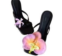 MZPOZB Women Summer High Heel Flip Flops With Flower Design Sweet Style Comfortable Orthopedic Support Beach Shoes(Black,39)