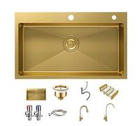 MZQMK Gold Kitchen Sink, Single Bowl Drop In Stainless Steel Gold Handmade Deep Kitchen Sink With Drain Strainer(E 65x45cm/25.5x18in)