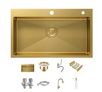 MZQMK Gold Kitchen Sink, Single Bowl Drop In Stainless Steel Gold Handmade Deep Kitchen Sink With Drain Strainer(C 55x45cm/22x18in)