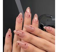 MZRAN 24 Pcs Almond Shape False Nails Heart Full Covers Stick on Nails Glossy Artificial Nails Valentines Day Press On Nails