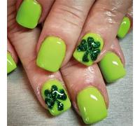 MZRAN 24 Pcs Festival Day Press On Nails Short Square False Nails Clovers Stick on Nails Glossy Green Acrylic Nails