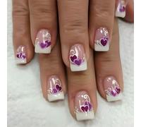 MZRAN 24 Pcs French Tip Stick on Nails Valentines Day False Nails Heart Artificial Nails Short Square Press On Nails