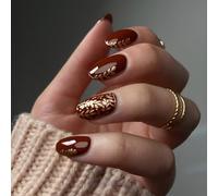 MZRAN 24 Pcs Short Almond False Nails Wheat Full Covers Stick on Nails Valentines Day Press On Nails Glossy Artificial Nails