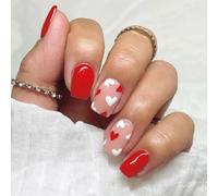 MZRAN 24 Pcs Valentines Day False Nails Short Square Press On Nails Heart Acrylic Nails Full Covers Stick on Nails for Women