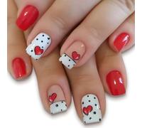 MZRAN 24 Pcs Valentines Day False Nails Short Square Press On Nails Heart Polker Dots Acrylic Nails Full Covers Stick on Nails