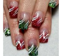 MZRAN 24Pcs Christmas Press on Nails Glossy Glitters French False Nails Square Sparkling Stripes Stick on Nails Manicure