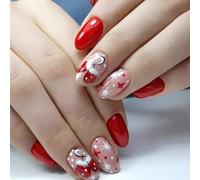 MZRAN 24Pcs Christmas Press on Nails Short Almond French Tips Stick on Nails Gloves Designs Full Covers Acrylic False Nails